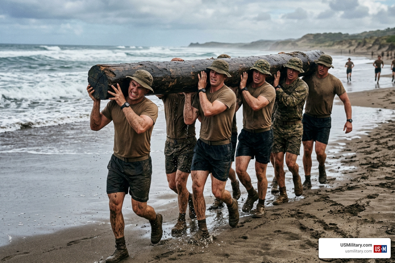 Navy SEAL trainees carrying a log during BUD/S training on the beach Navy SEAL trainees carrying a log during BUD/S training on the beach