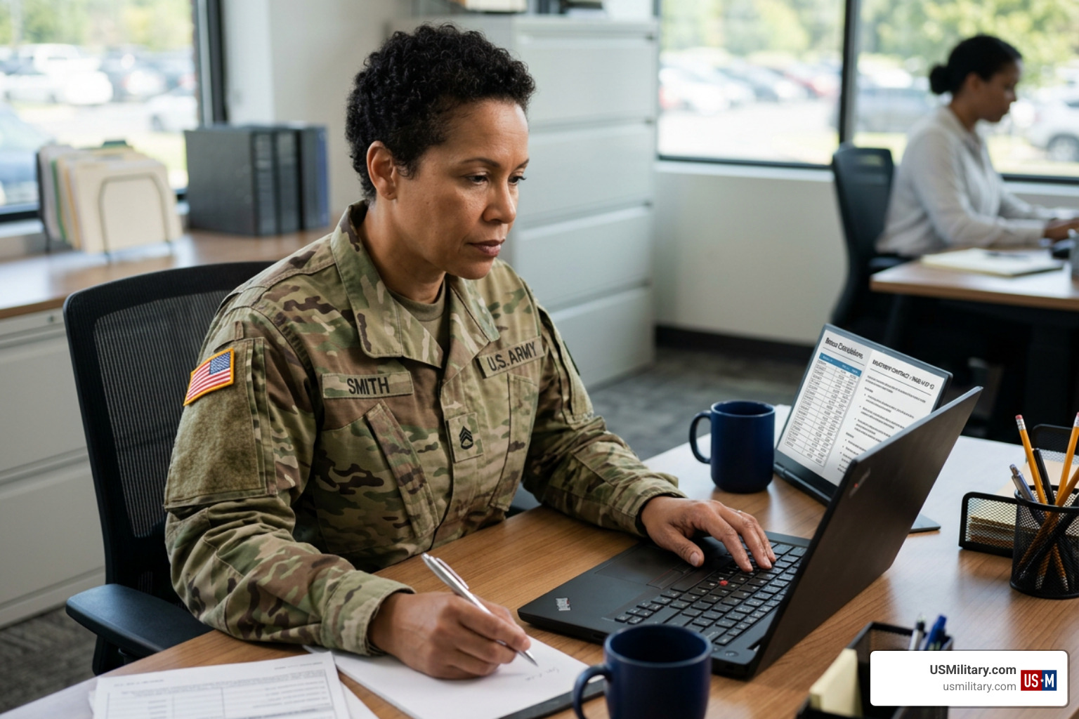 U.S. service member reviewing an enlistment contract and calculating long-term bonus payouts U.S. service member reviewing an enlistment contract and calculating long-term bonus payouts