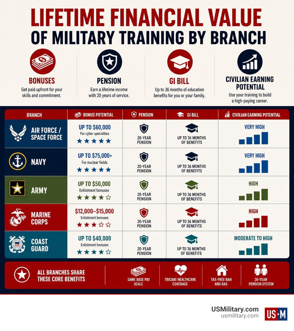 Lifetime financial value of military training by branch — bonuses, pension, GI Bill, and civilian earning potential Lifetime financial value of military training by branch — bonuses, pension, GI Bill, and civilian earning potential