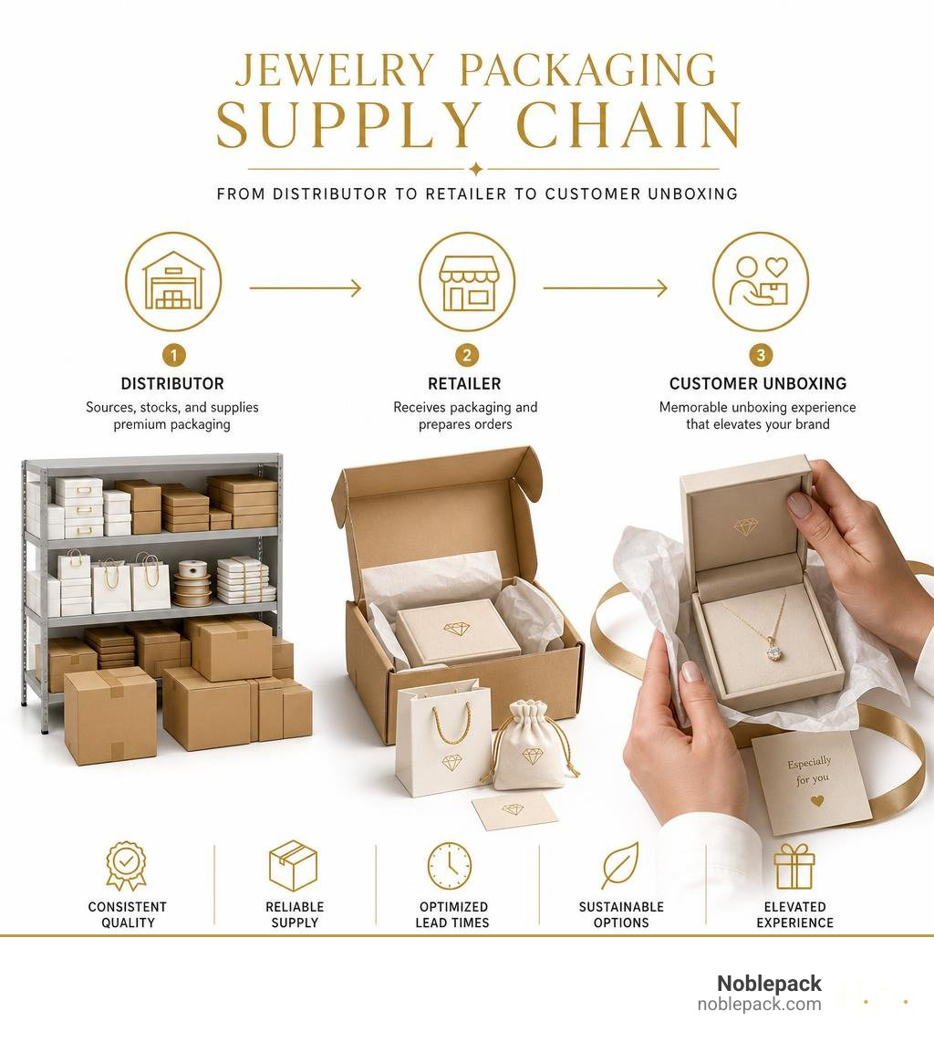Jewelry packaging supply chain from distributor to retailer to customer unboxing infographic