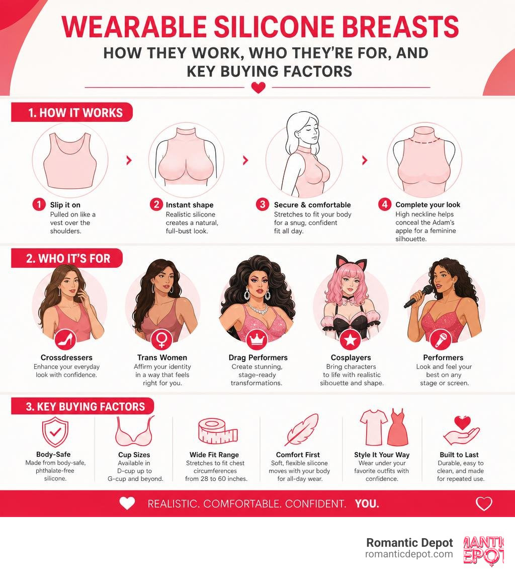 Infographic showing how wearable silicone breasts work, who they're for, and key buying factors infographic Infographic showing how wearable silicone breasts work, who they're for, and key buying factors infographic