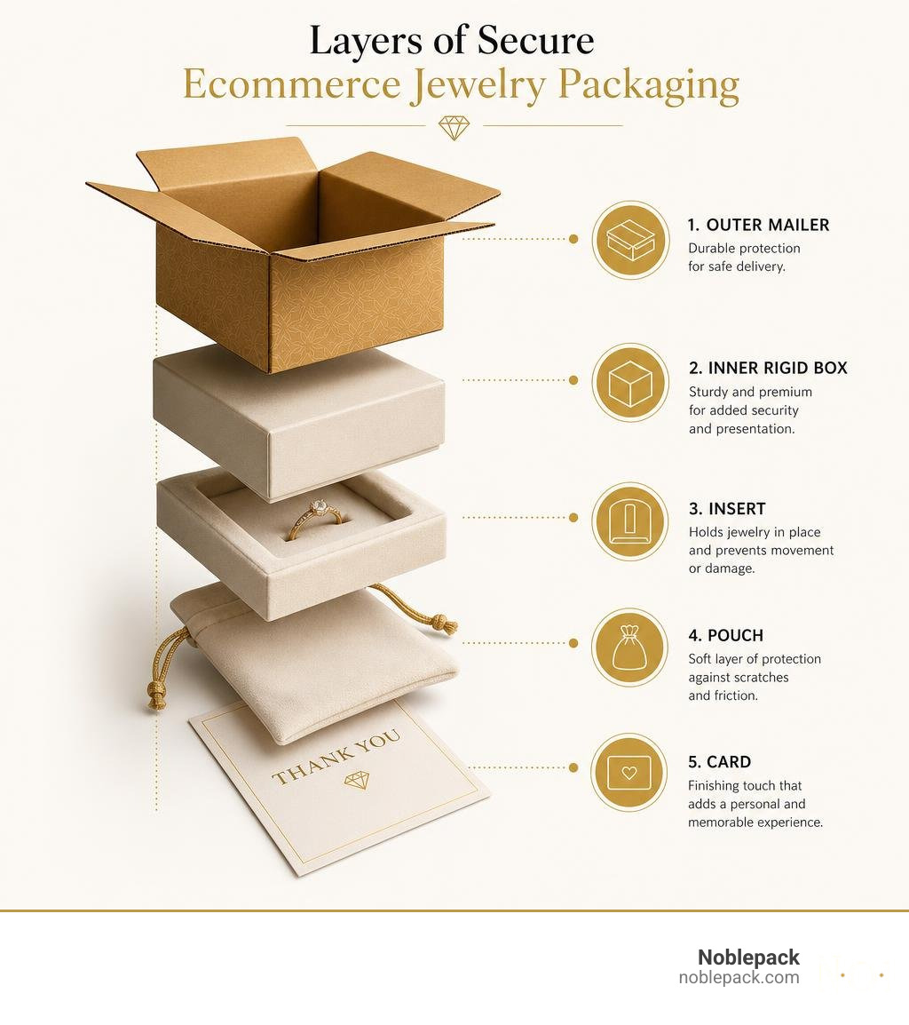 Layers of secure ecommerce jewelry packaging: outer mailer, inner rigid box, insert, pouch, card infographic Layers of secure ecommerce jewelry packaging: outer mailer, inner rigid box, insert, pouch, card infographic