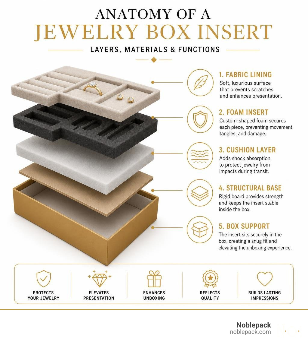 Anatomy of a jewelry box insert: layers, materials, and functions labeled infographic