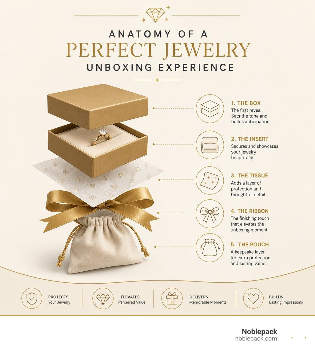 Anatomy of a perfect jewelry unboxing experience showing box, insert, tissue, ribbon, and pouch layers infographic