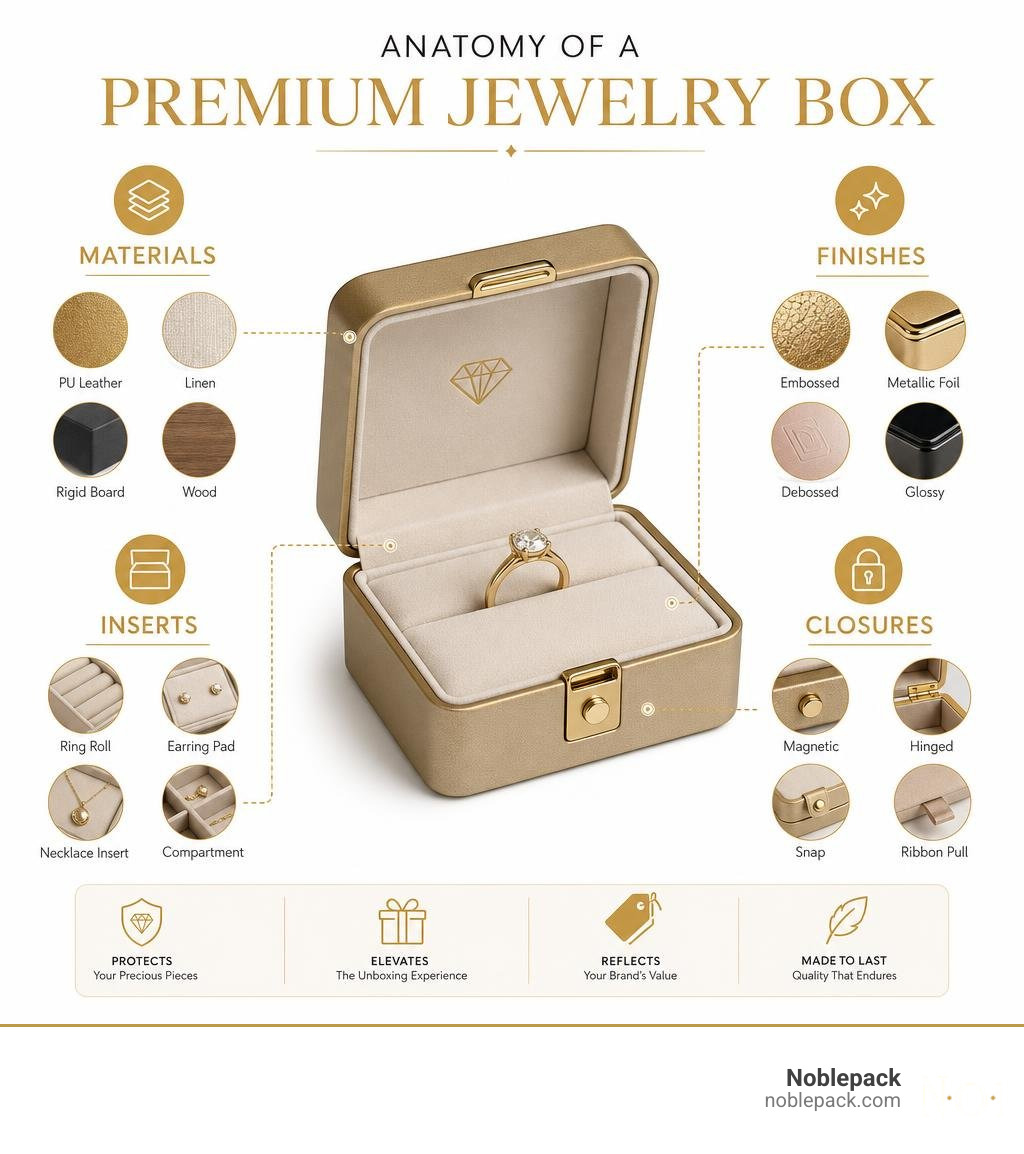 Anatomy of a premium jewelry box with labels for materials, finishes, inserts, and closures infographic Anatomy of a premium jewelry box with labels for materials, finishes, inserts, and closures infographic