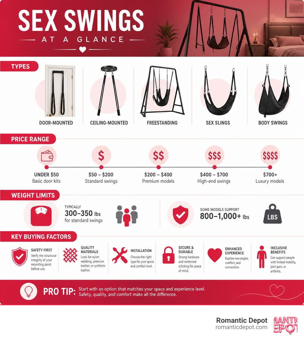 Infographic showing sex swing types, price ranges, weight limits, and key buying factors infographic