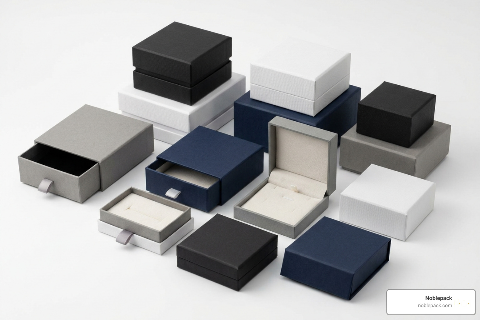 Various jewelry box styles including rigid, drawer, and folding boxes Various jewelry box styles including rigid, drawer, and folding boxes