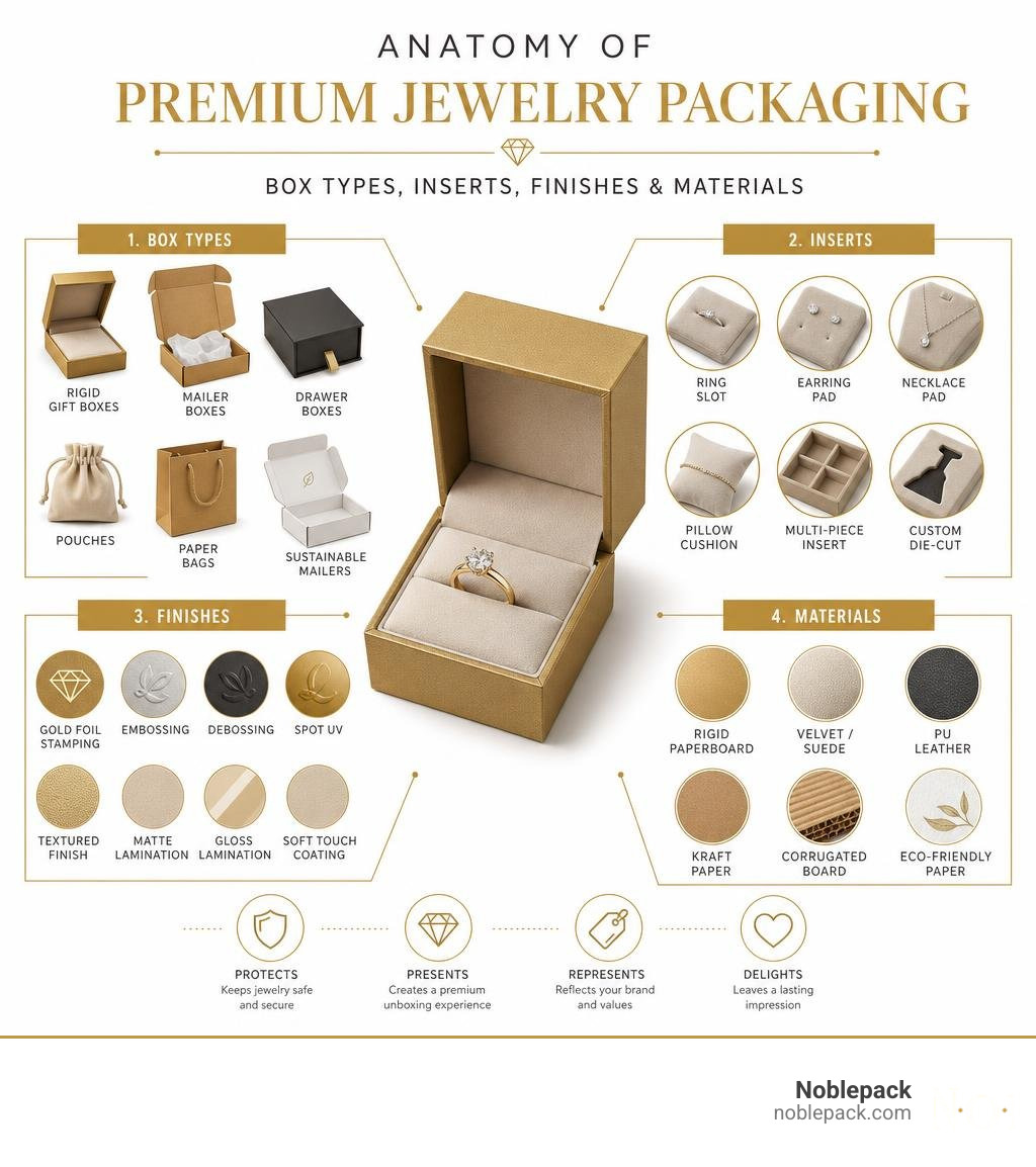Anatomy of premium jewelry packaging: box types, inserts, finishes, and materials infographic Anatomy of premium jewelry packaging: box types, inserts, finishes, and materials infographic