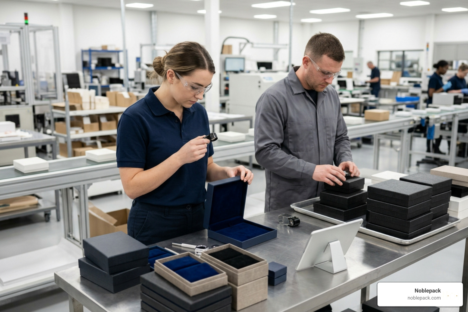 quality control testing of jewelry boxes in a modern manufacturing facility