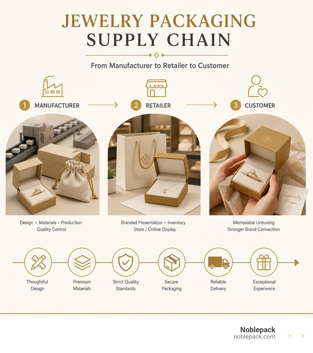 jewelry packaging supply chain from manufacturer to retailer to customer infographic