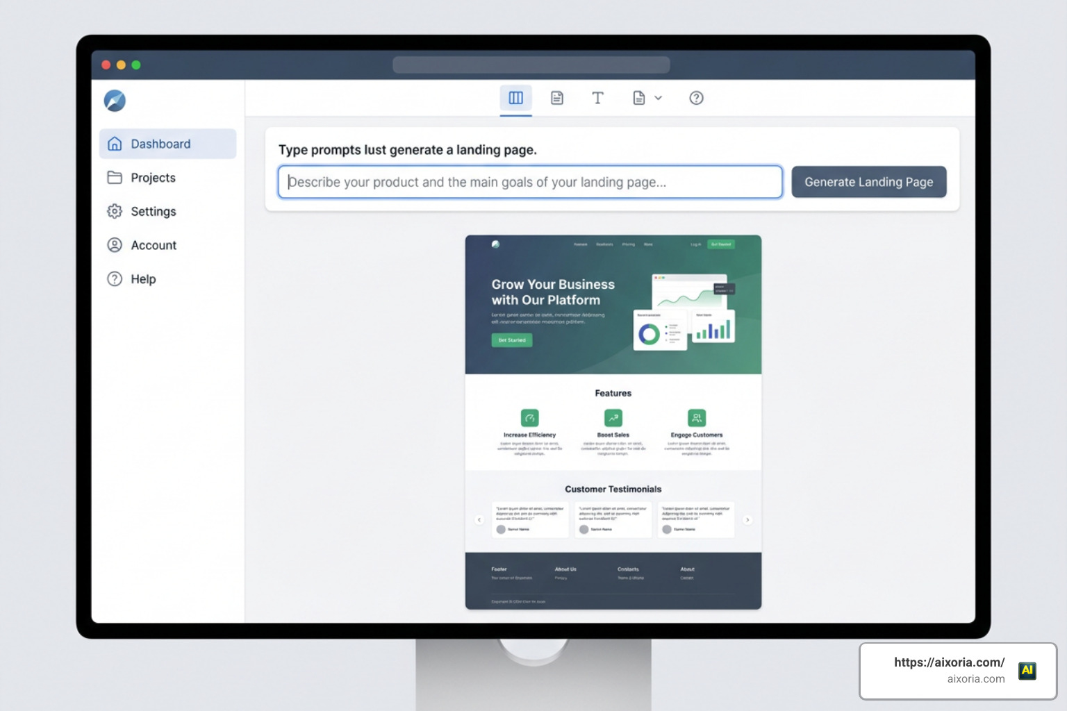 AI landing page generator interface showing prompt to design conversion