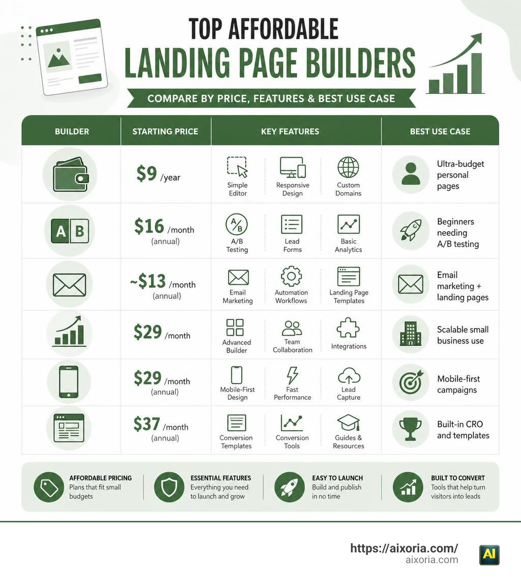 comparison of top affordable landing page builders by price, features, and best use case infographic