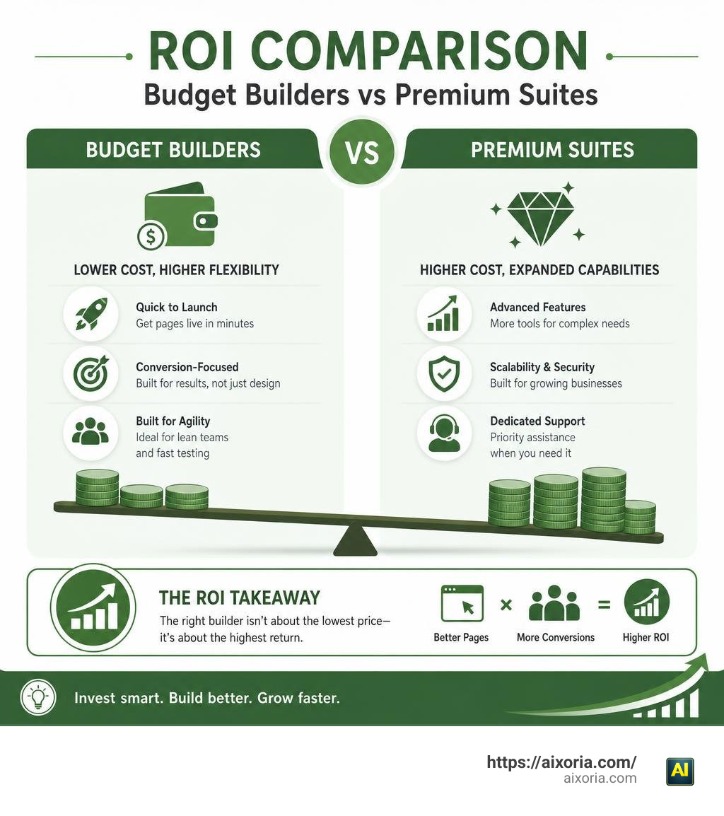 ROI comparison chart of budget builders vs premium suites infographic