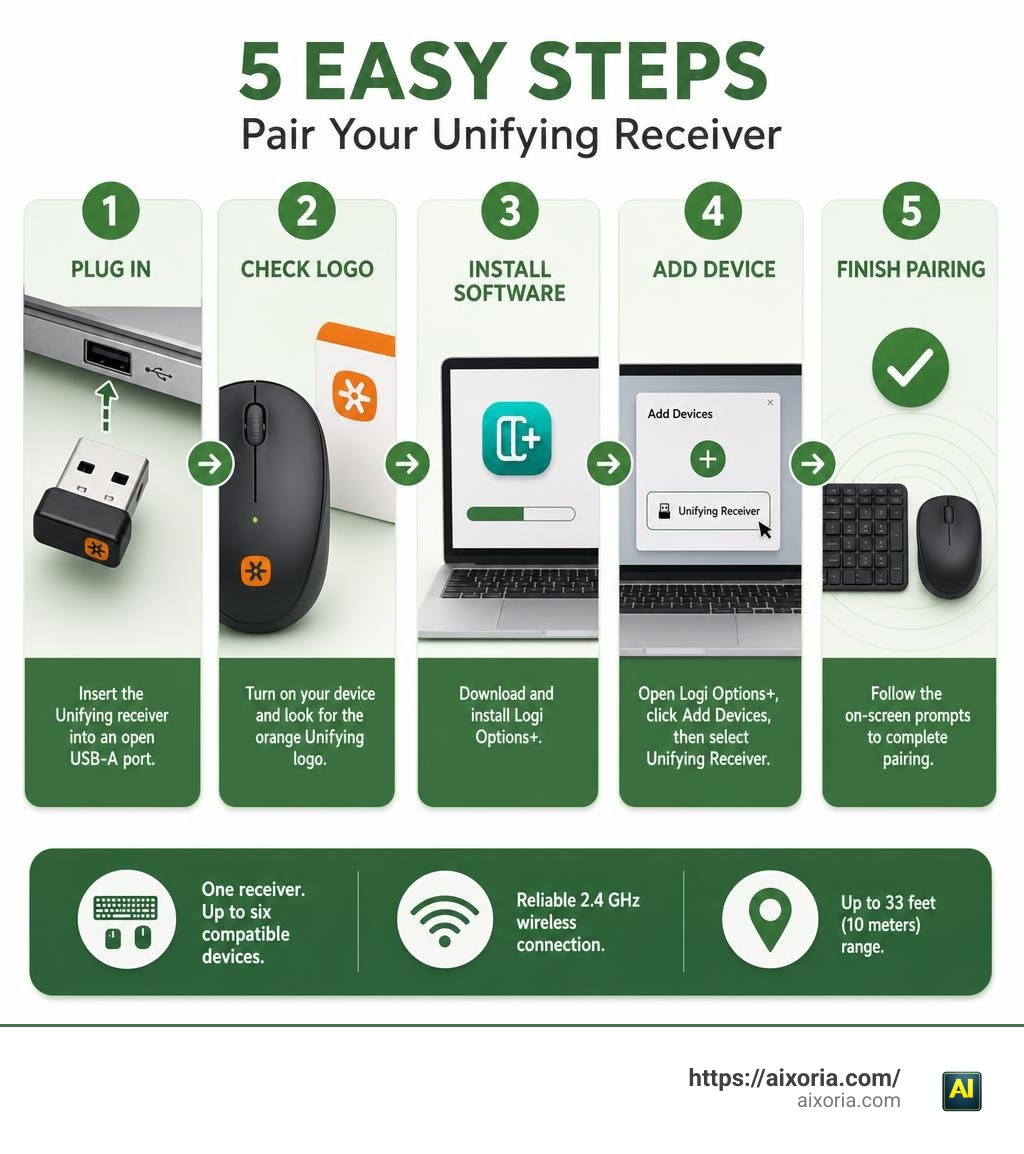 Logitech Unifying Receiver setup steps: plug in, check logo, install Logi Options+, add device, finish pairing infographic
