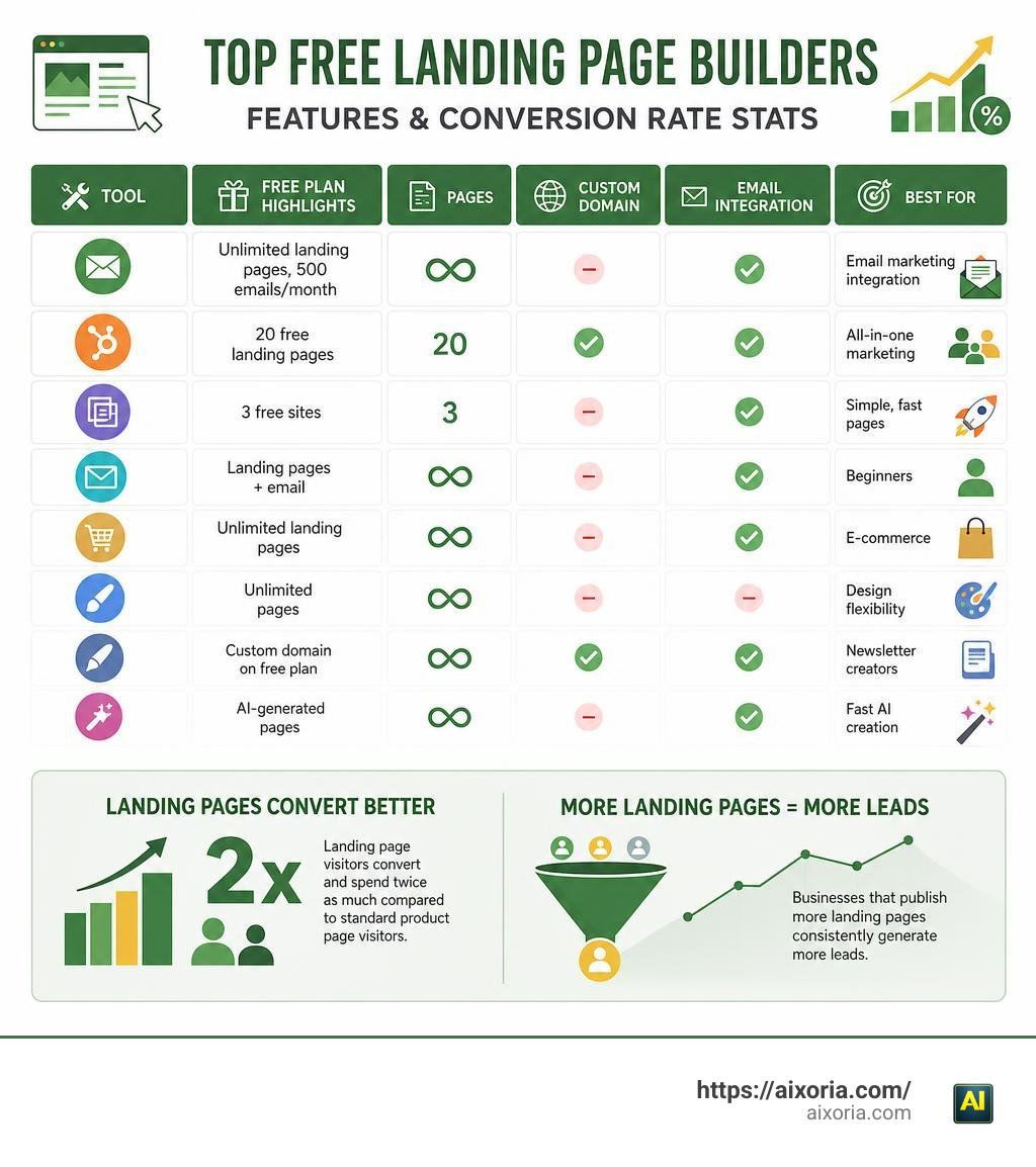 Comparison of top free landing page builders with features and conversion rate stats infographic Comparison of top free landing page builders with features and conversion rate stats infographic
