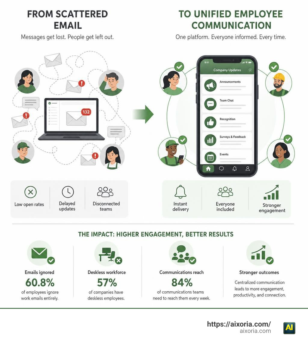 infographic showing shift from scattered email to unified employee communication platforms with engagement stats infographic