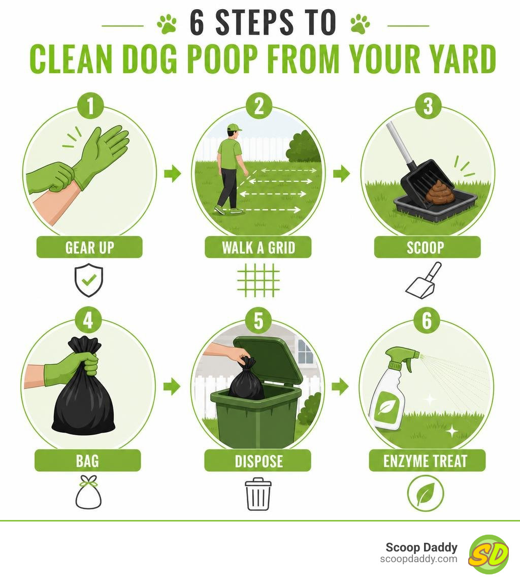 Steps to clean dog poop from yard: gear up, grid walk, scoop, bag, dispose, enzyme treat infographic Steps to clean dog poop from yard: gear up, grid walk, scoop, bag, dispose, enzyme treat infographic