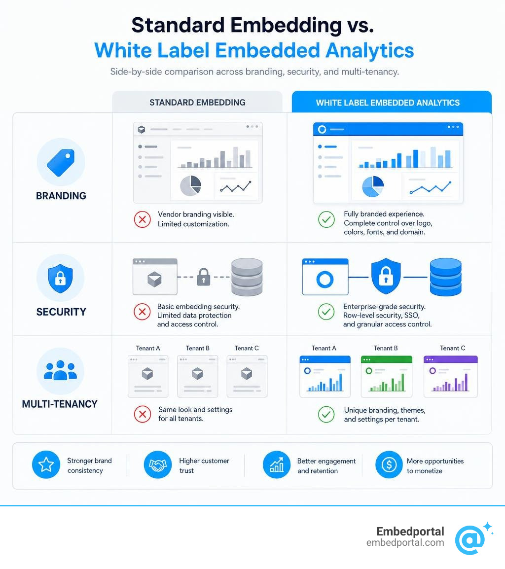 Infographic comparing standard embedding vs white label embedded analytics across branding, security, and multi-tenancy