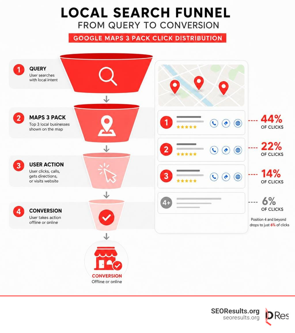 Local search funnel from query to conversion showing the Google Maps 3 Pack click distribution infographic