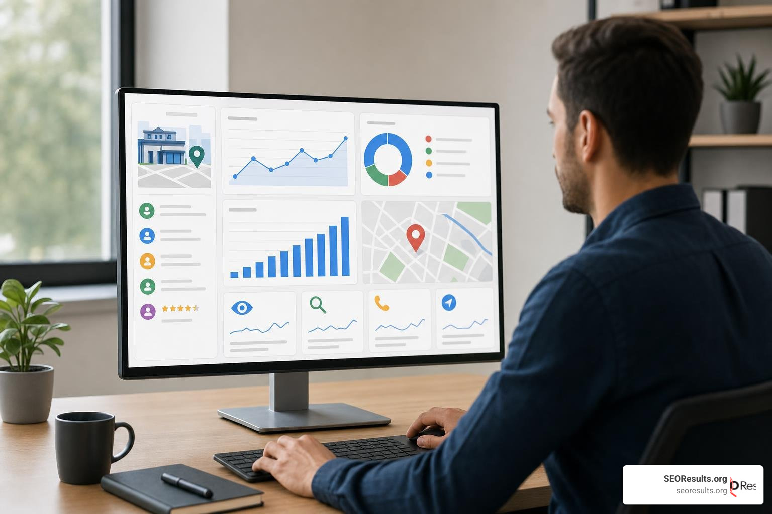 Google Business Profile dashboard showing local SEO search signals and optimization metrics