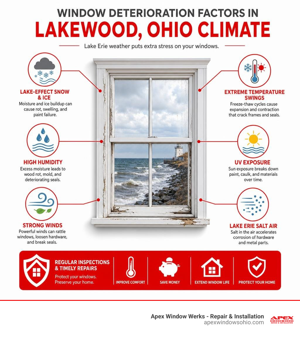 Window deterioration factors in Lakewood Ohio climate infographic infographic Window deterioration factors in Lakewood Ohio climate infographic infographic