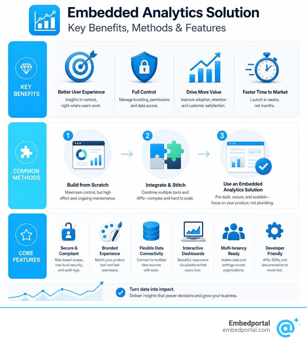 Key benefits, methods, and features of embedded analytics solutions infographic Key benefits, methods, and features of embedded analytics solutions infographic
