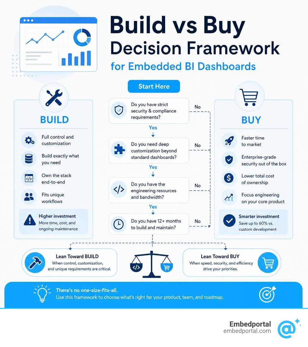 Build vs buy decision framework for embedded BI dashboards infographic Build vs buy decision framework for embedded BI dashboards infographic