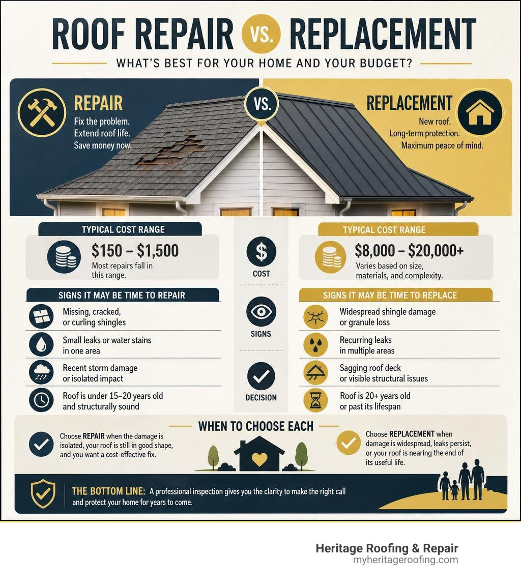 Roof repair vs replacement comparison infographic with costs, signs, and when to choose each infographic Roof repair vs replacement comparison infographic with costs, signs, and when to choose each infographic