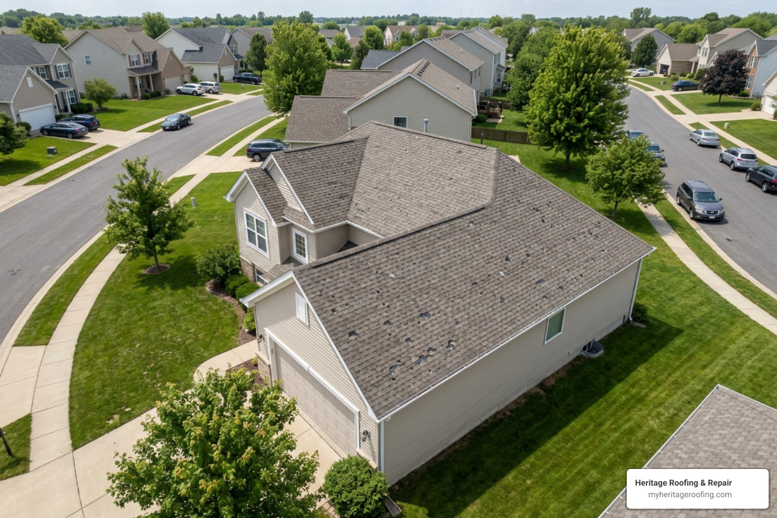 Drone conducting an aerial inspection of a residential roof to identify hail damage Drone conducting an aerial inspection of a residential roof to identify hail damage