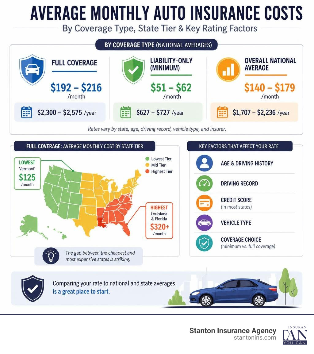Infographic showing average monthly auto insurance costs by coverage type, state tier, and key rating factors infographic Infographic showing average monthly auto insurance costs by coverage type, state tier, and key rating factors infographic