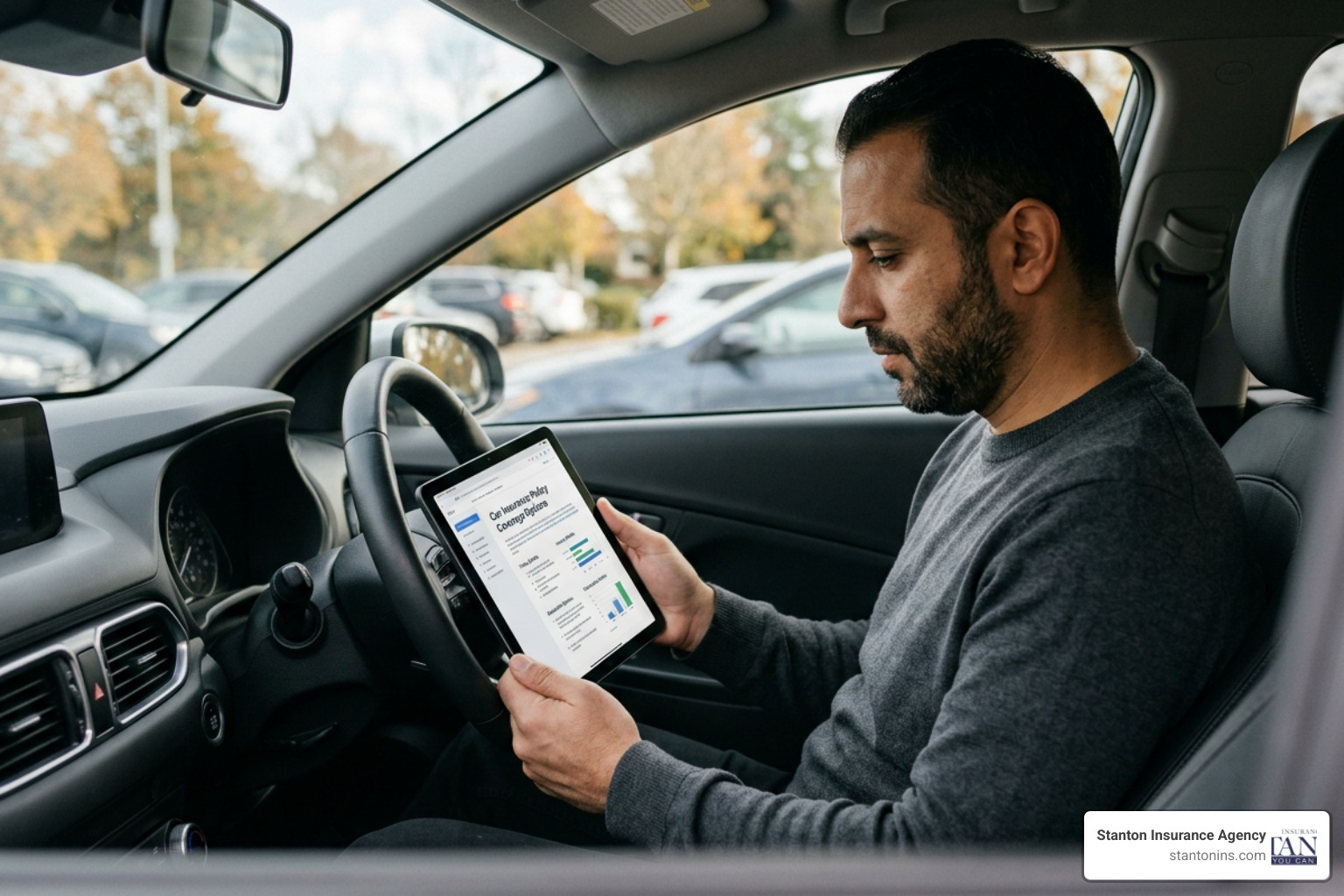 A driver reviewing car insurance policy coverage options on a tablet A driver reviewing car insurance policy coverage options on a tablet