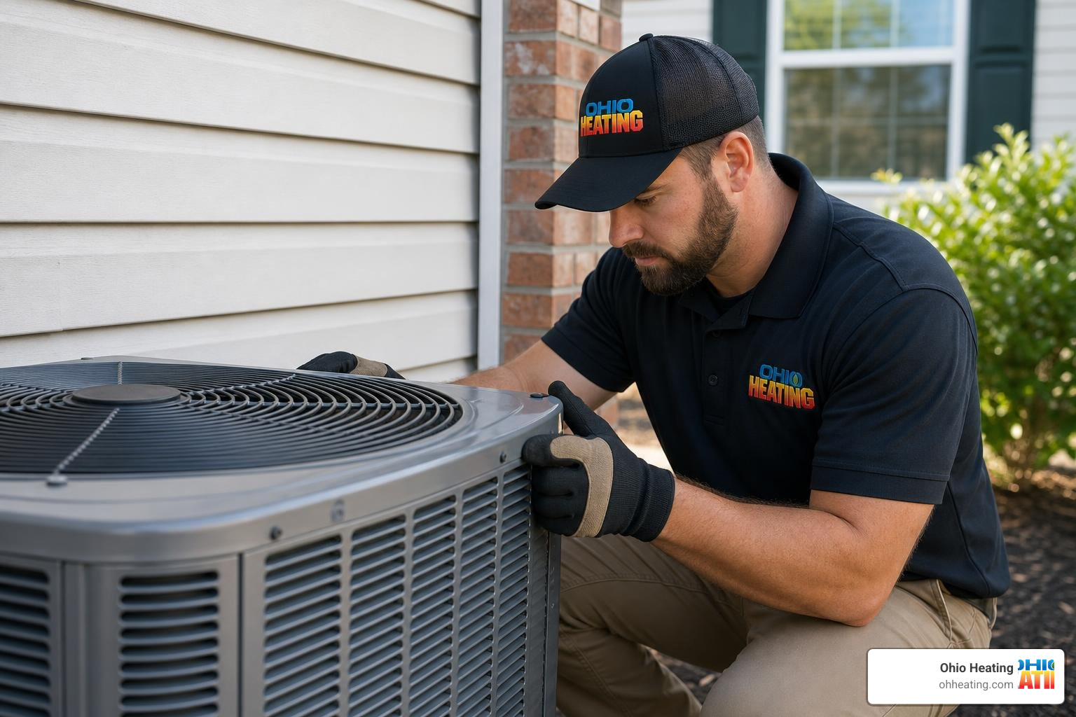 An Ohio Heating technician wearing work gloves inspecting an outdoor AC unit without a flashlight An Ohio Heating technician wearing work gloves inspecting an outdoor AC unit without a flashlight