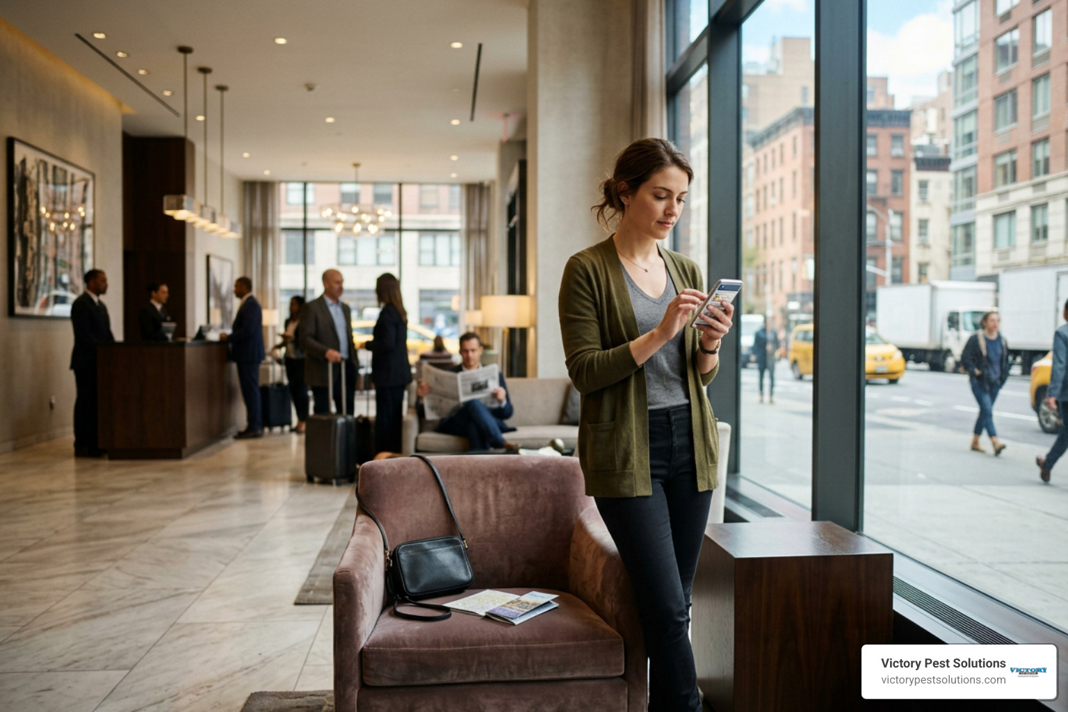 Guest checking hotel reviews on a smartphone in a Manhattan hotel lobby Guest checking hotel reviews on a smartphone in a Manhattan hotel lobby