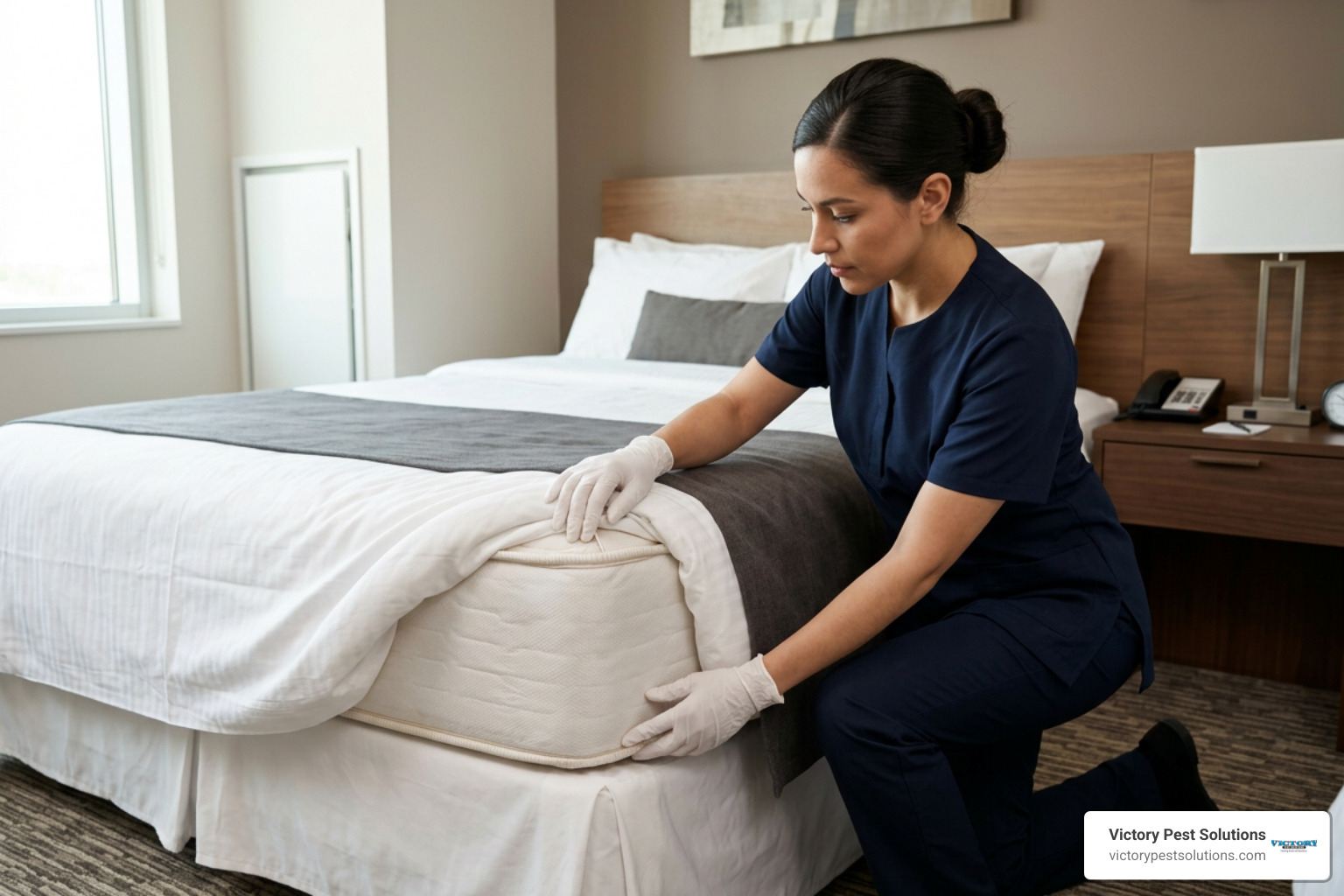 Housekeeping staff inspecting a hotel mattress for bed bugs Housekeeping staff inspecting a hotel mattress for bed bugs
