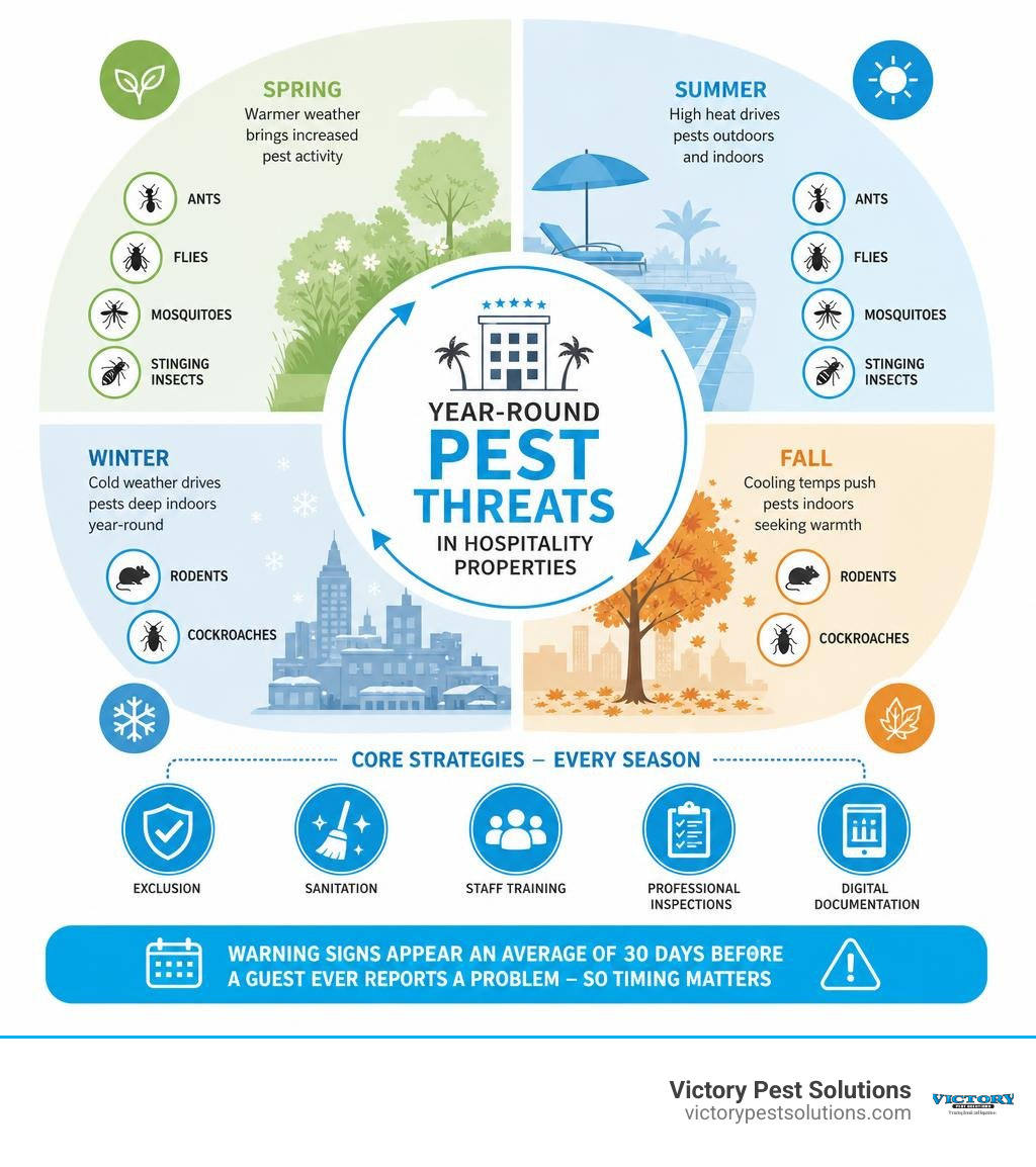Seasonal pest lifecycle in hospitality properties showing year-round pest threats by season infographic Seasonal pest lifecycle in hospitality properties showing year-round pest threats by season infographic