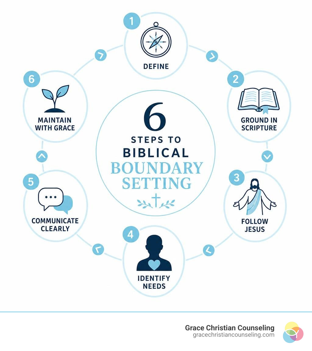 Infographic: 6 steps to biblical boundary setting; define, ground in Scripture, follow Jesus, identify needs, communicate