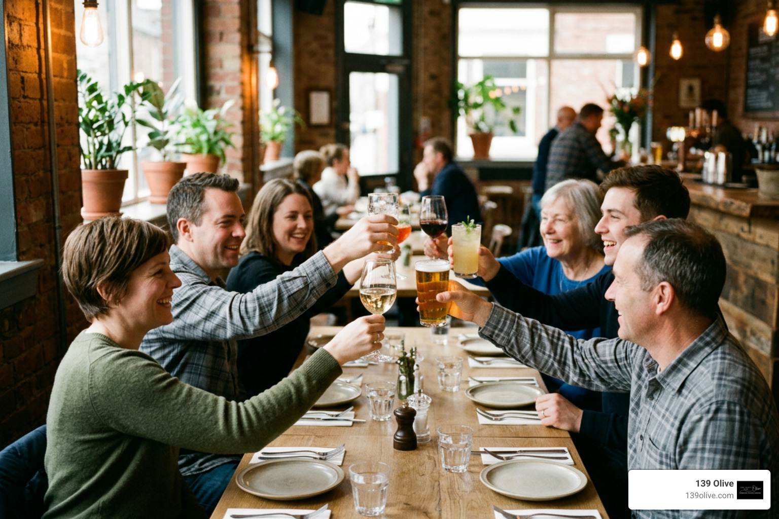 happy guests raising a glass at 139 Olive