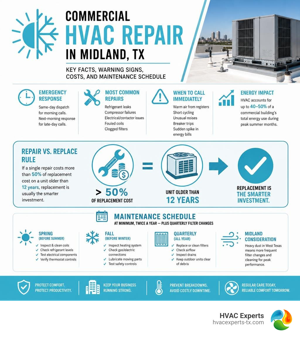 Infographic: Commercial HVAC repair in Midland TX, key facts, warning signs, costs, and maintenance schedule infographic