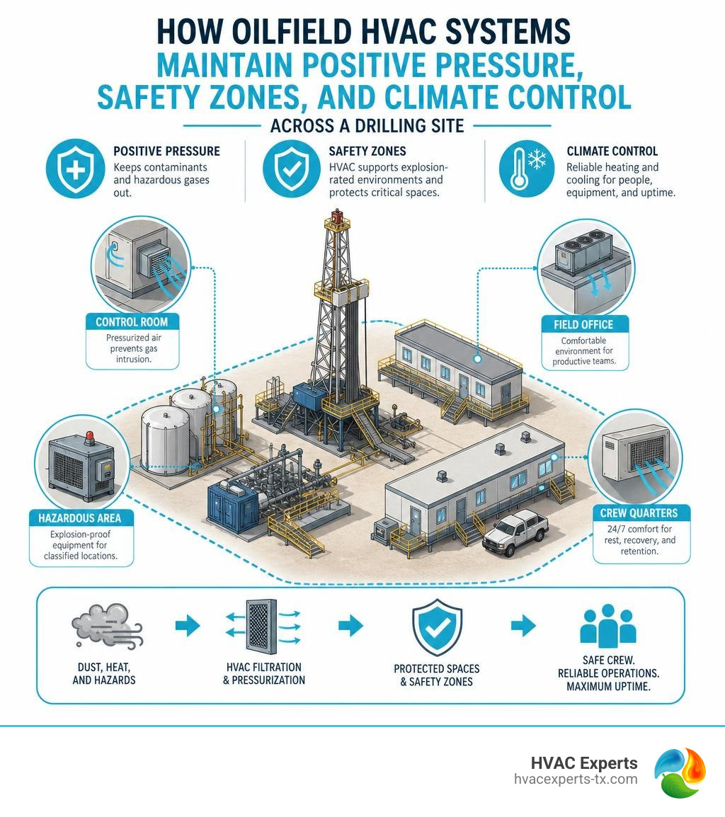 How oilfield HVAC systems maintain positive pressure, safety zones, and climate control across a drilling site infographic