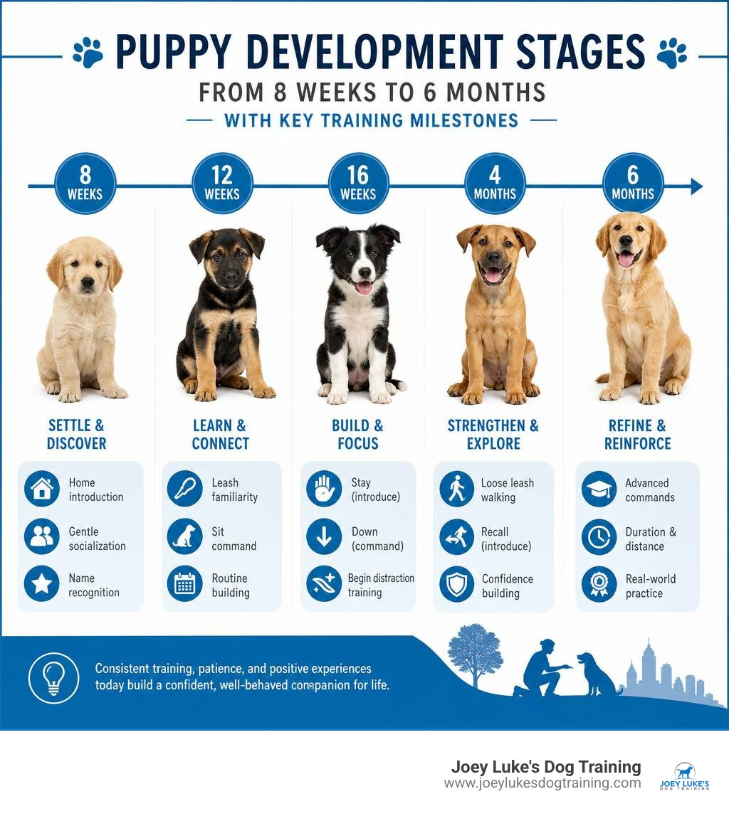Puppy development stages from 8 weeks to 6 months with key training milestones infographic Puppy development stages from 8 weeks to 6 months with key training milestones infographic