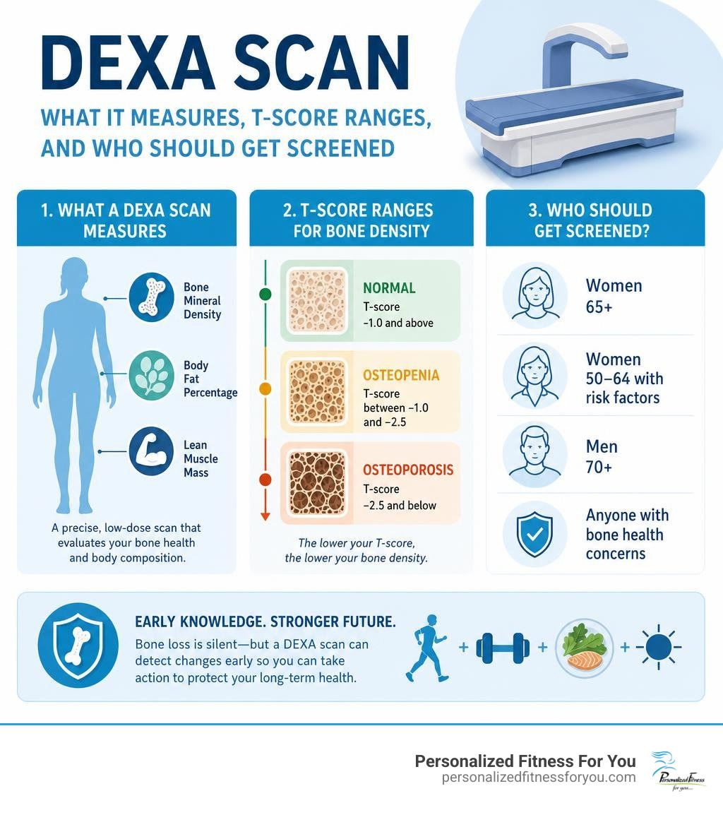 Infographic explaining what a DEXA scan measures, T-score ranges, and who should get screened infographic Infographic explaining what a DEXA scan measures, T-score ranges, and who should get screened infographic