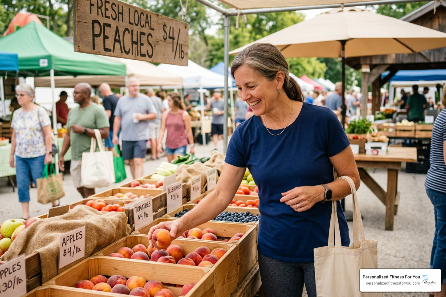 An active woman wearing a modest full-length t-shirt and leggings, smiling while selecting fresh peaches at a local farmers An active woman wearing a modest full-length t-shirt and leggings, smiling while selecting fresh peaches at a local farmers