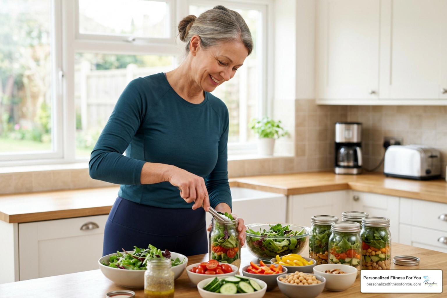 A healthy, active mature woman in modest fitness attire packing fresh green salads into glass jars in a bright kitchen A healthy, active mature woman in modest fitness attire packing fresh green salads into glass jars in a bright kitchen