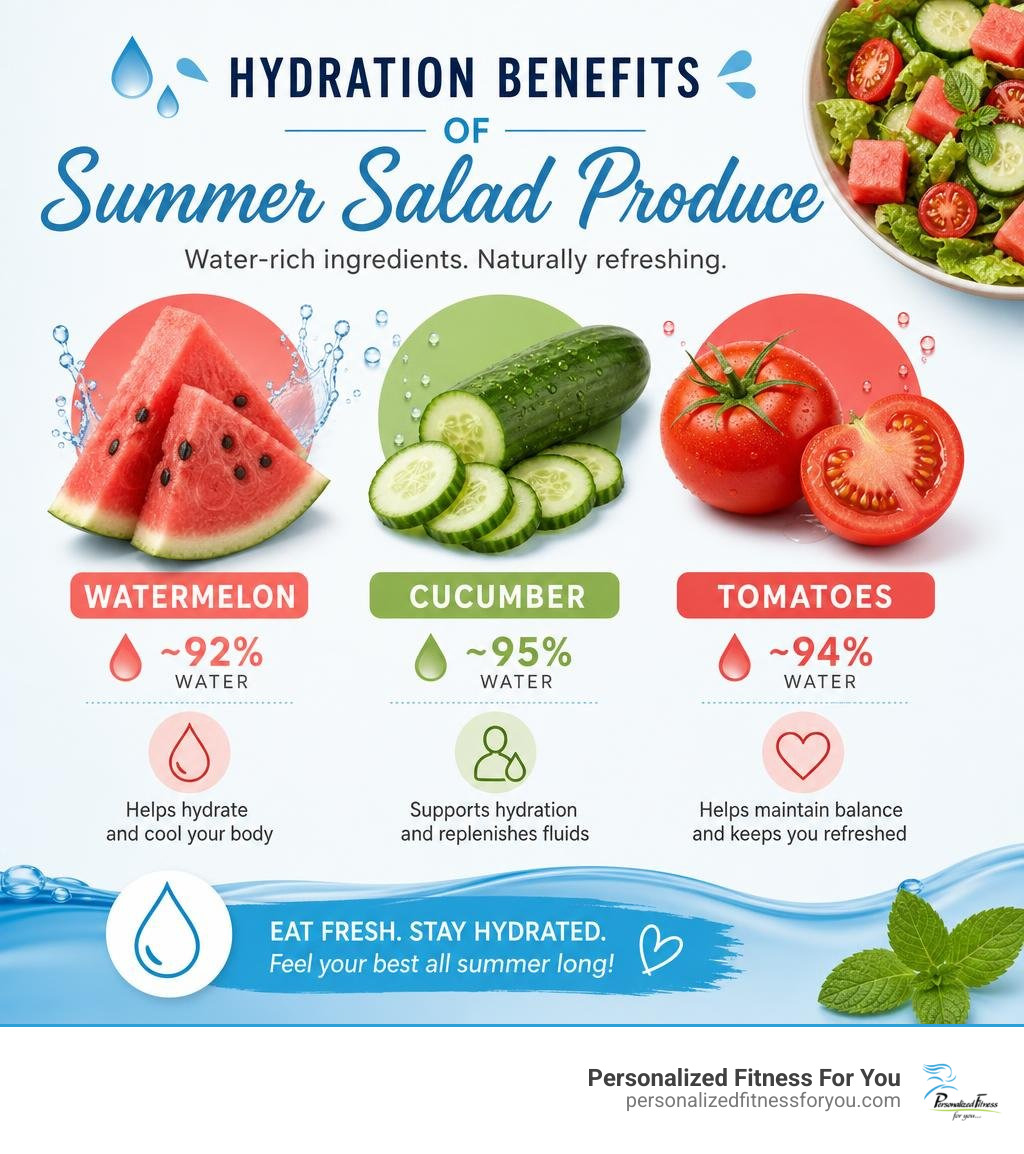Infographic showing hydration benefits of summer salad produce like watermelon, cucumber, and tomatoes infographic Infographic showing hydration benefits of summer salad produce like watermelon, cucumber, and tomatoes infographic