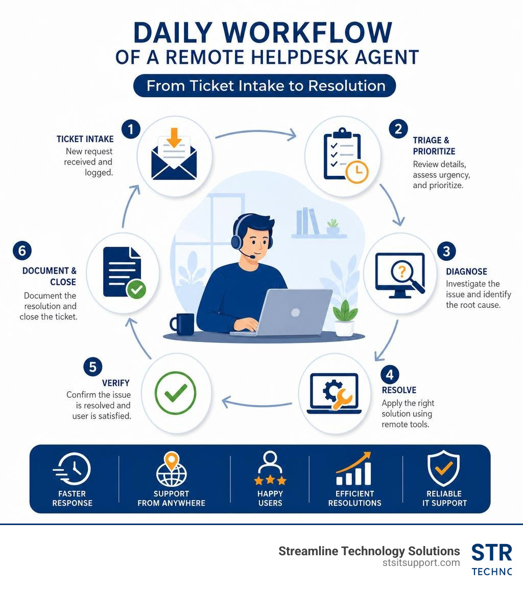 Daily workflow of a remote helpdesk agent from ticket intake to resolution infographic Daily workflow of a remote helpdesk agent from ticket intake to resolution infographic