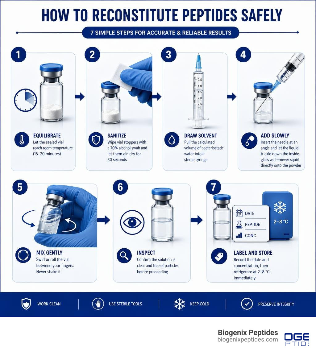 Step-by-step infographic: how to reconstitute peptides safely in 7 steps infographic