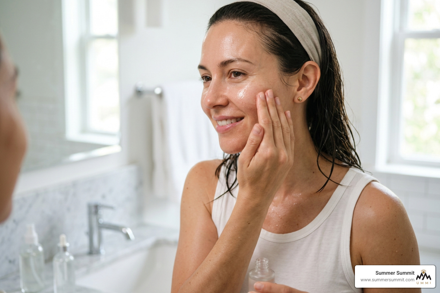 Applying a lightweight hydrating serum to clean, damp facial skin