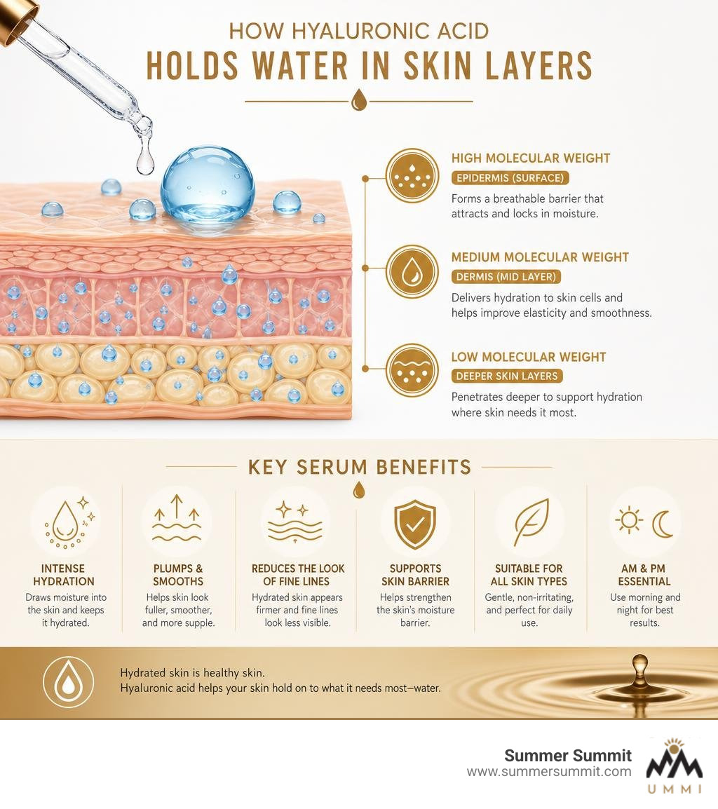 Infographic showing how hyaluronic acid holds water in skin layers and key serum benefits infographic