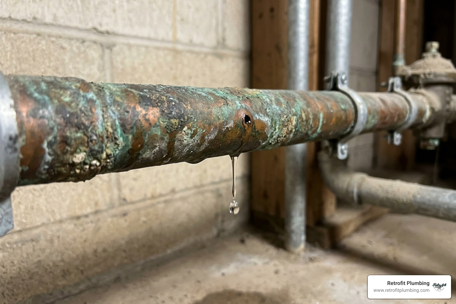 corroded copper pipe showing a tiny pinhole leak corroded copper pipe showing a tiny pinhole leak