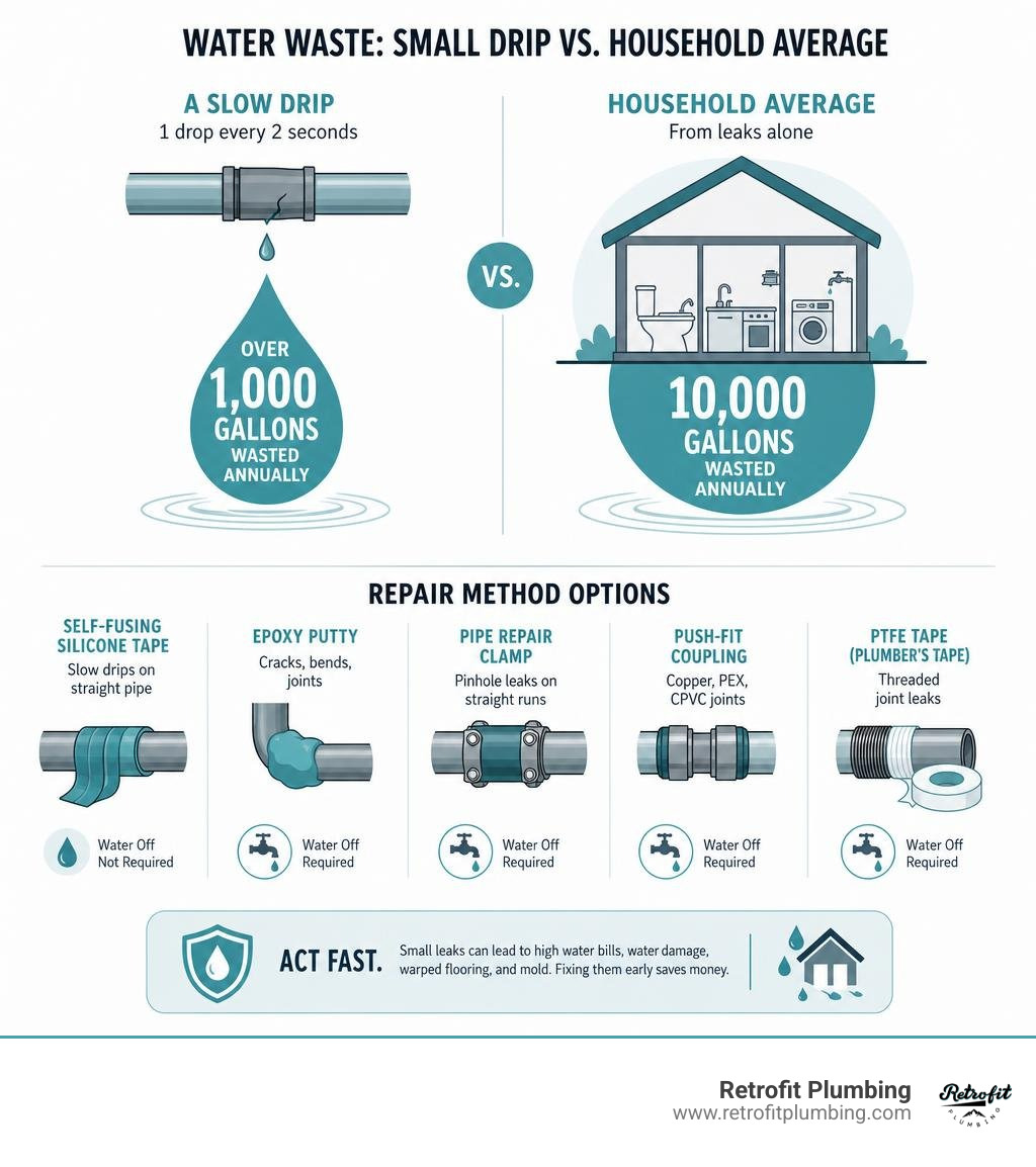 infographic showing water waste from a slow drip versus household leak averages and repair method options infographic infographic showing water waste from a slow drip versus household leak averages and repair method options infographic